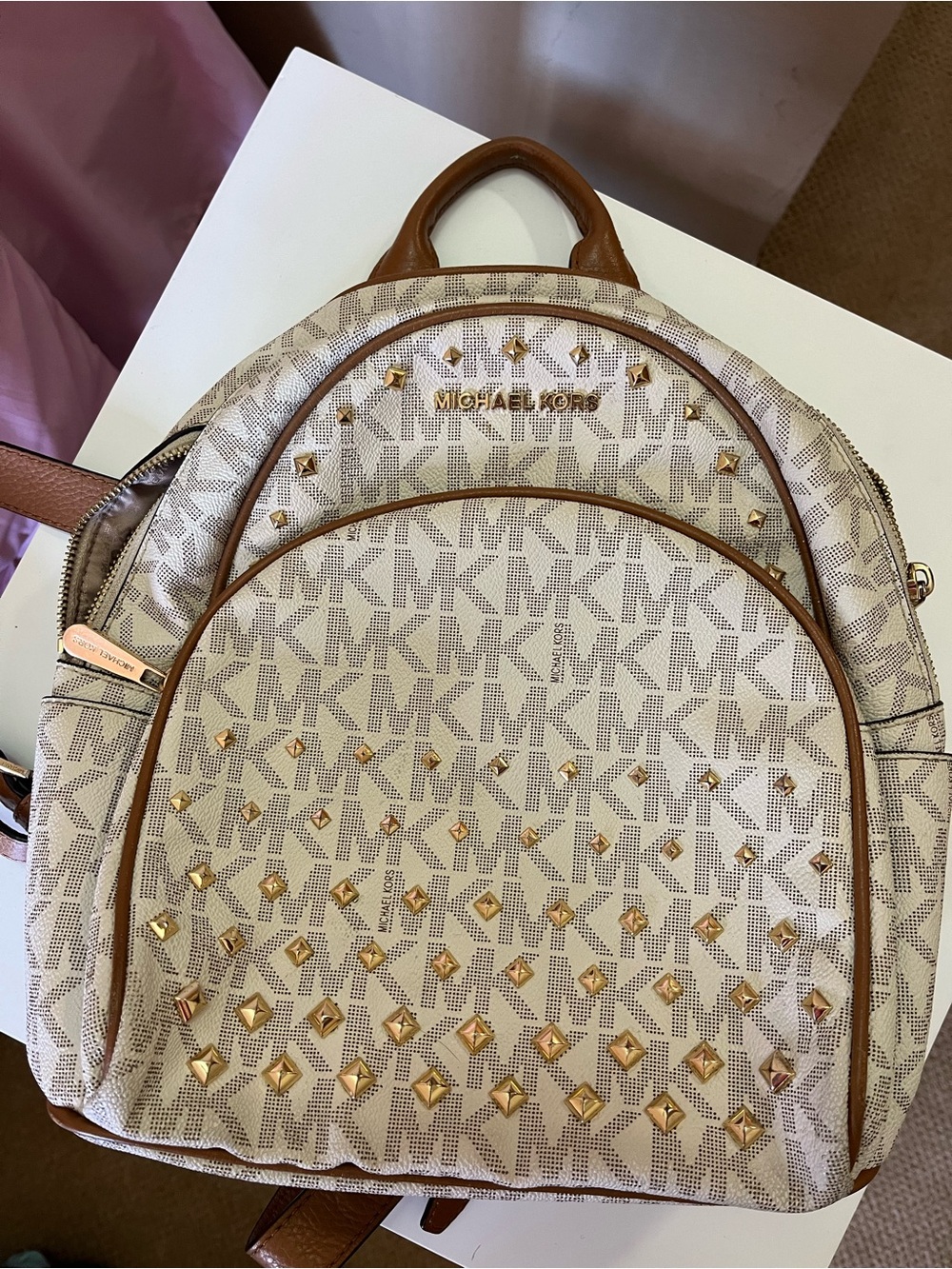 Michael Kors Beige and Brown Studded MK Logo Backpack